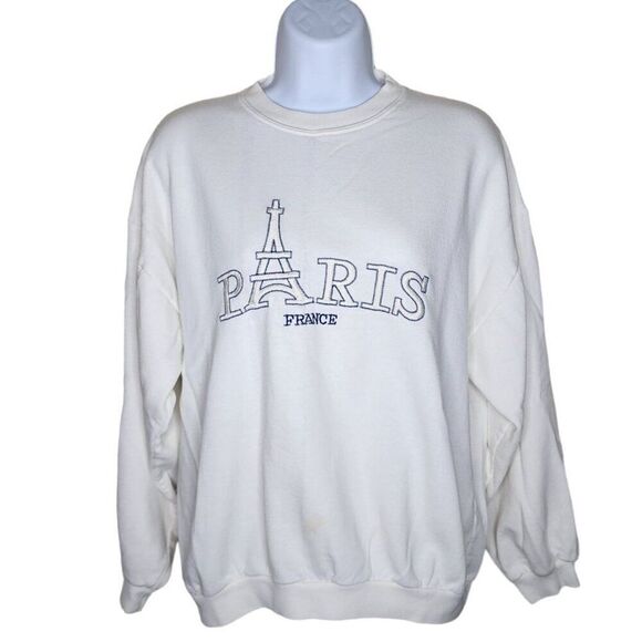 Vintage 80s Paris France Eiffel Tower Crewneck Sweatshirt Womens Size M White - Picture 1 of 6
